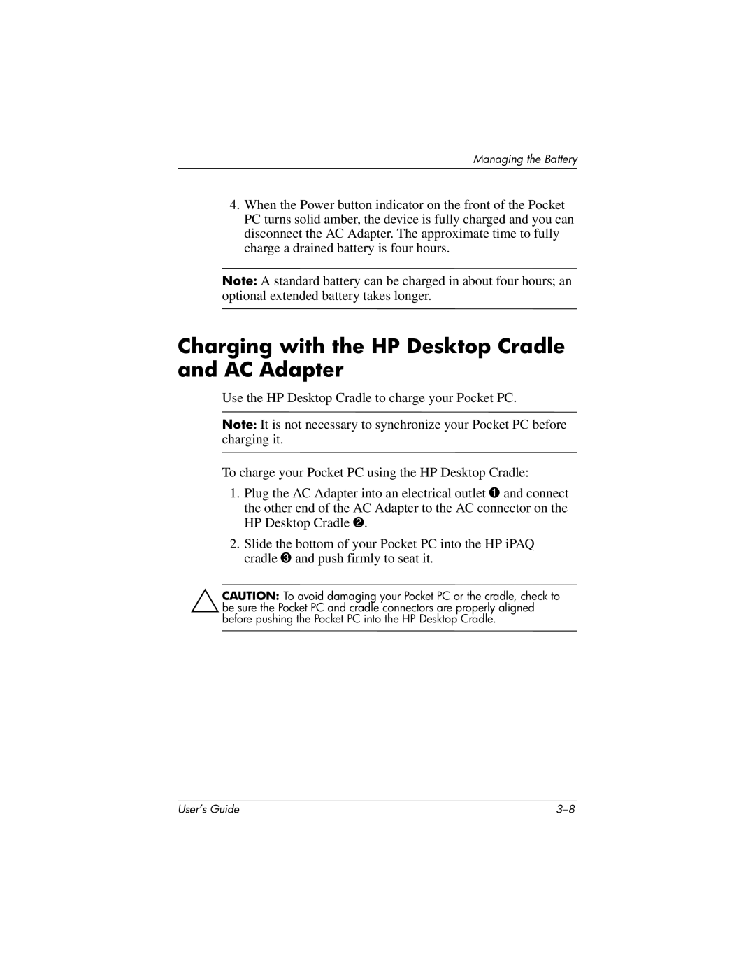 HP HX2000 manual Charging with the HP Desktop Cradle and AC Adapter 