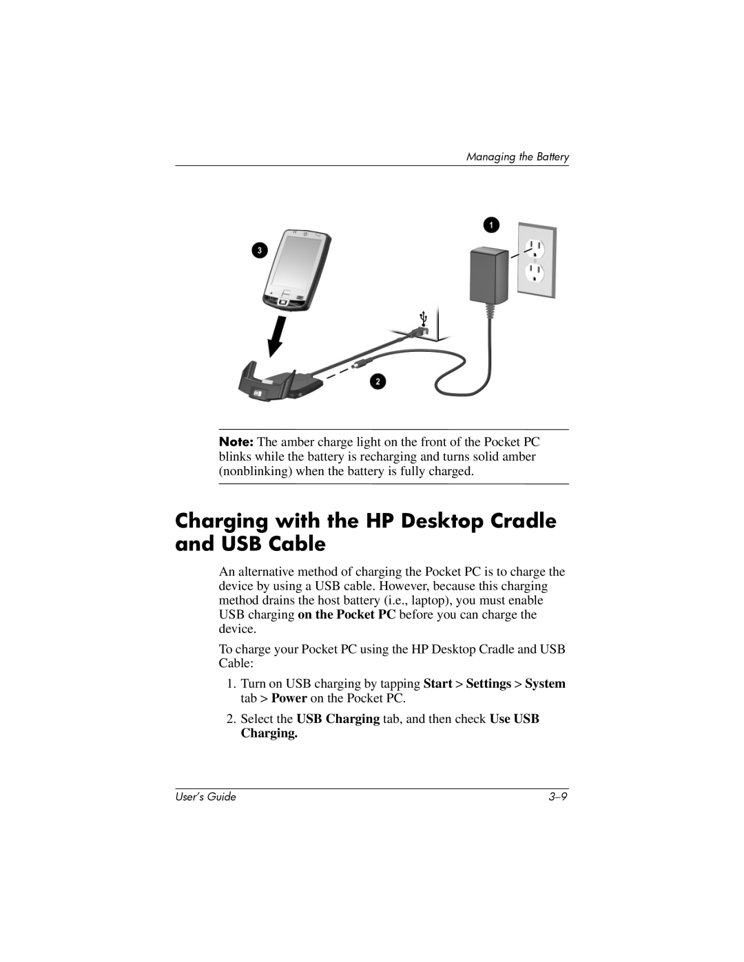 HP HX2000 manual Charging with the HP Desktop Cradle and USB Cable 