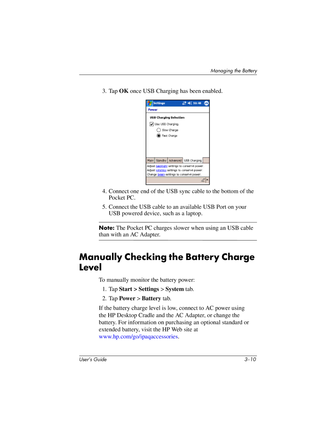 HP HX2000 manual Manually Checking the Battery Charge Level, Tap Start Settings System tab Tap Power Battery tab 