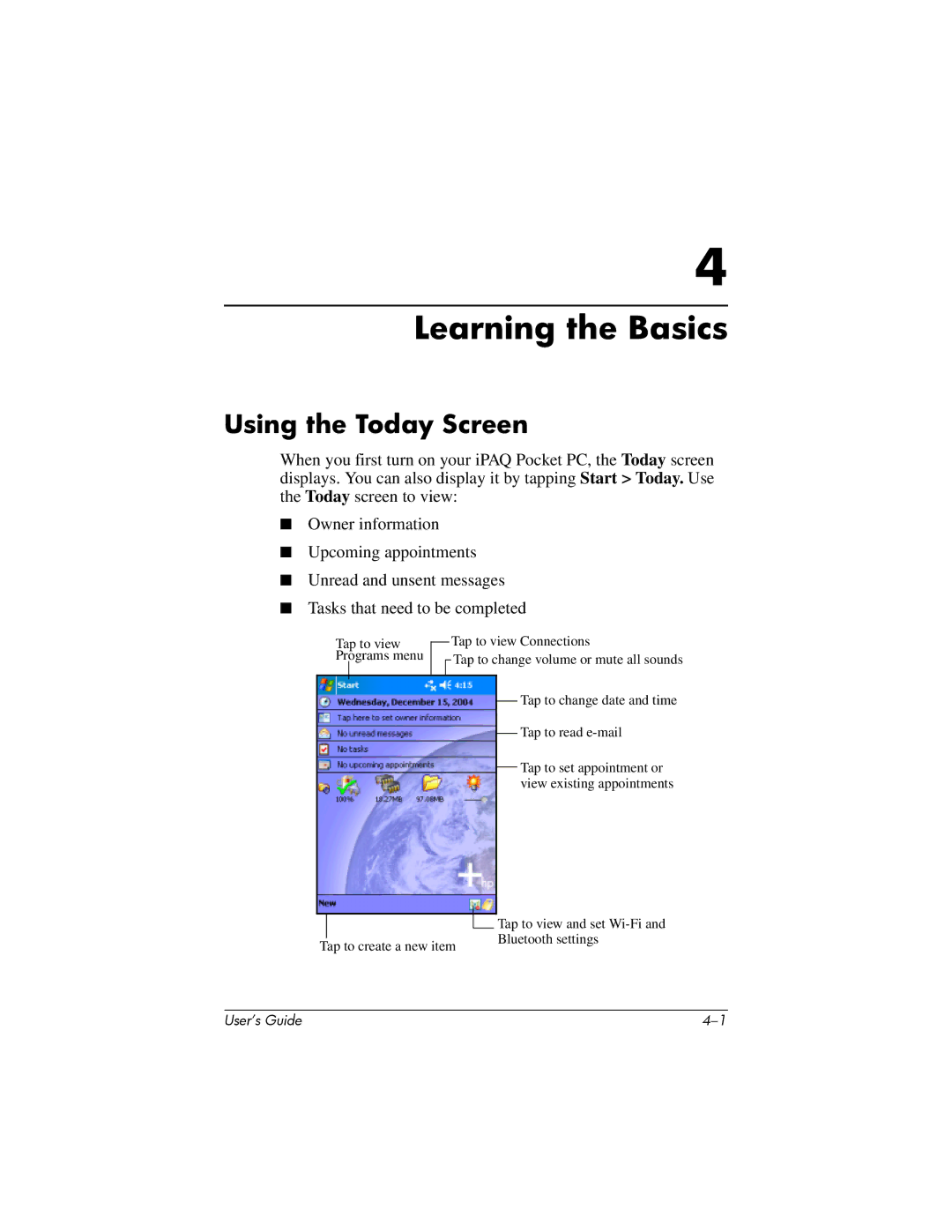 HP HX2000 manual Learning the Basics, Using the Today Screen 