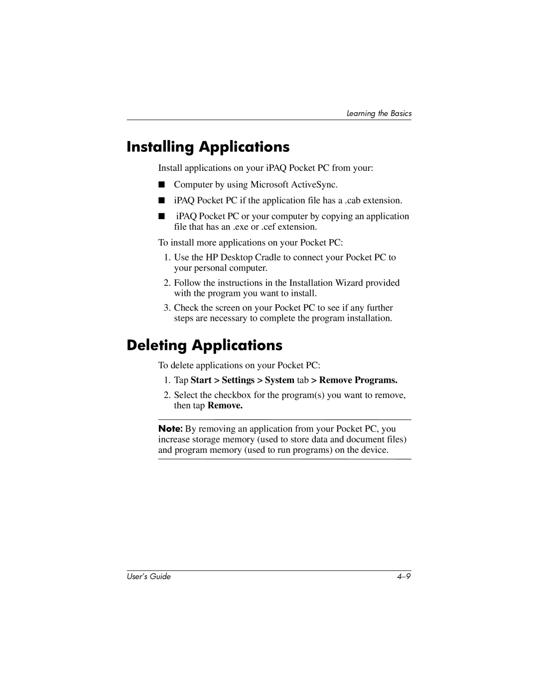 HP HX2000 manual Installing Applications, Deleting Applications, Tap Start Settings System tab Remove Programs 