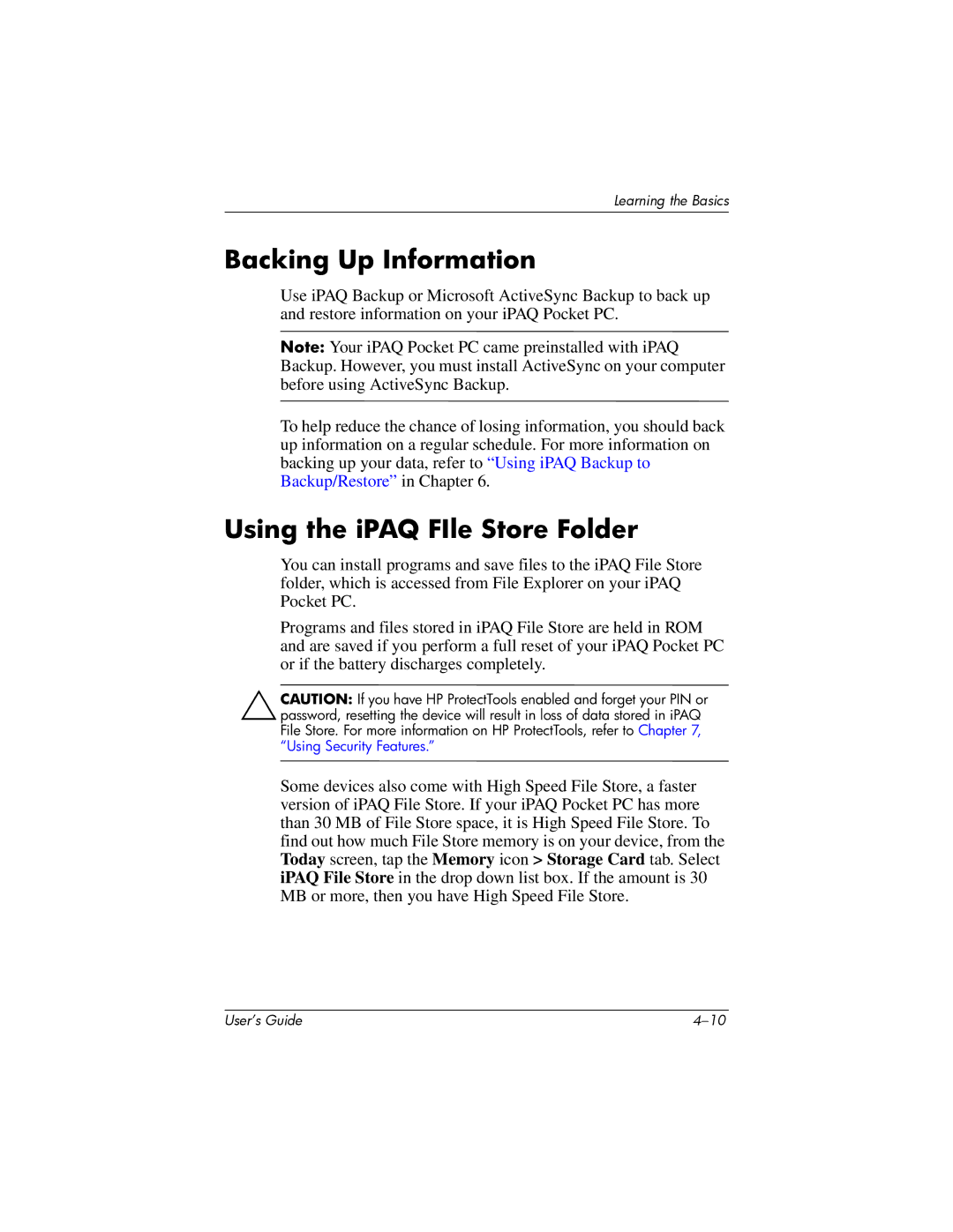 HP HX2000 manual Backing Up Information, Using the iPAQ FIle Store Folder 