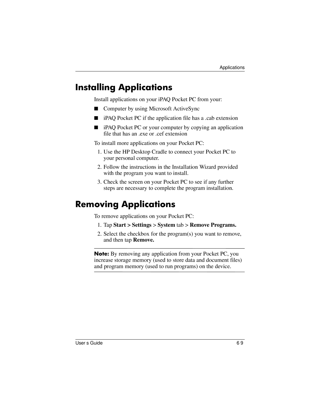 HP HX2000 manual Installing Applications, Removing Applications 