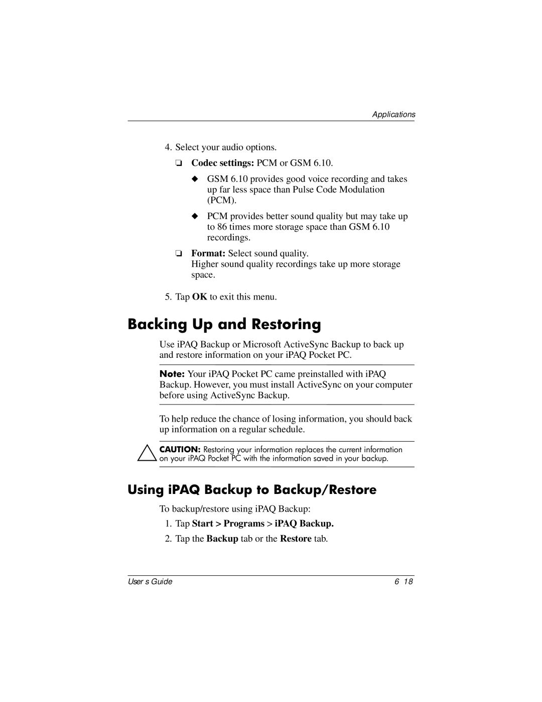 HP HX2000 manual Backing Up and Restoring, Using iPAQ Backup to Backup/Restore, Codec settings PCM or GSM 