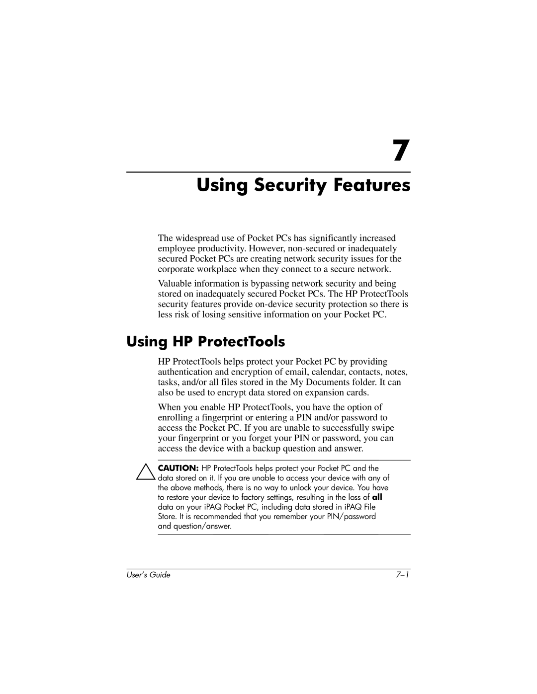 HP HX2000 manual Using Security Features, Using HP ProtectTools 