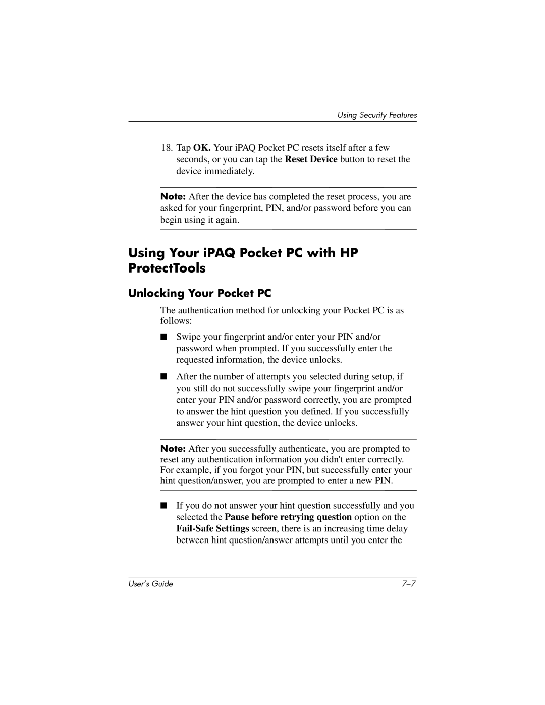 HP HX2000 manual Using Your iPAQ Pocket PC with HP ProtectTools, Unlocking Your Pocket PC 