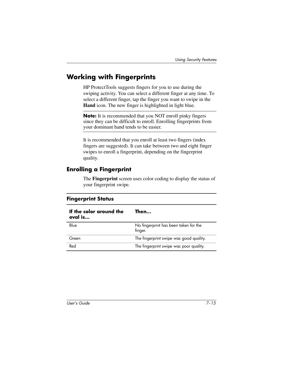 HP HX2000 manual Working with Fingerprints, Enrolling a Fingerprint 