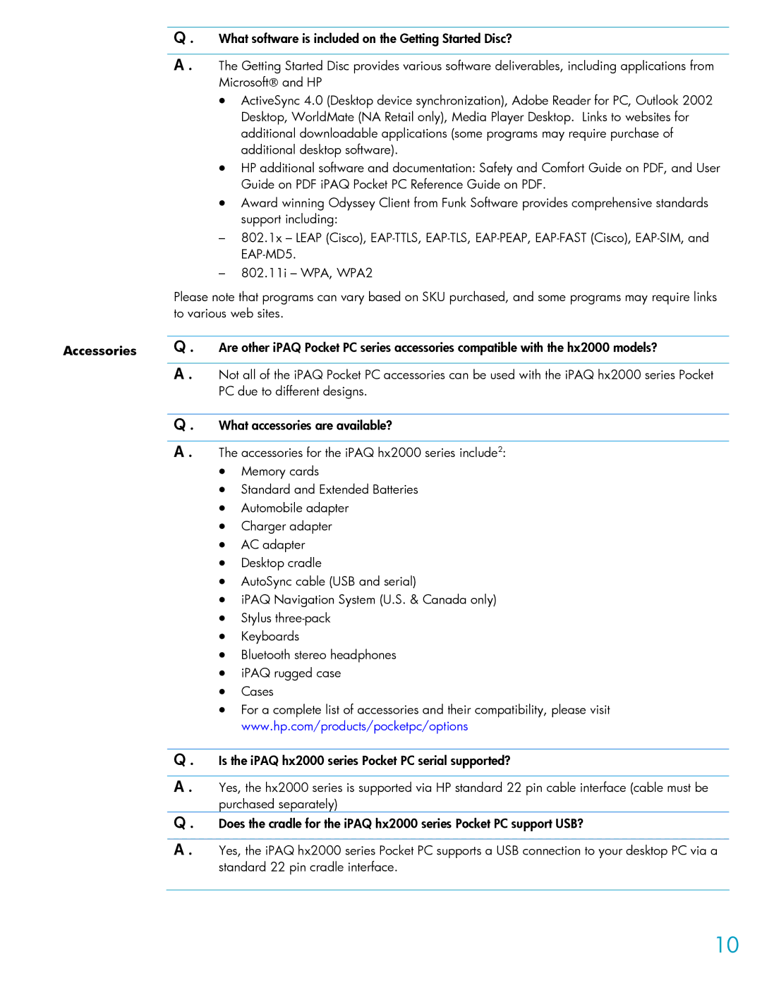 HP HX2000 manual Accessories 