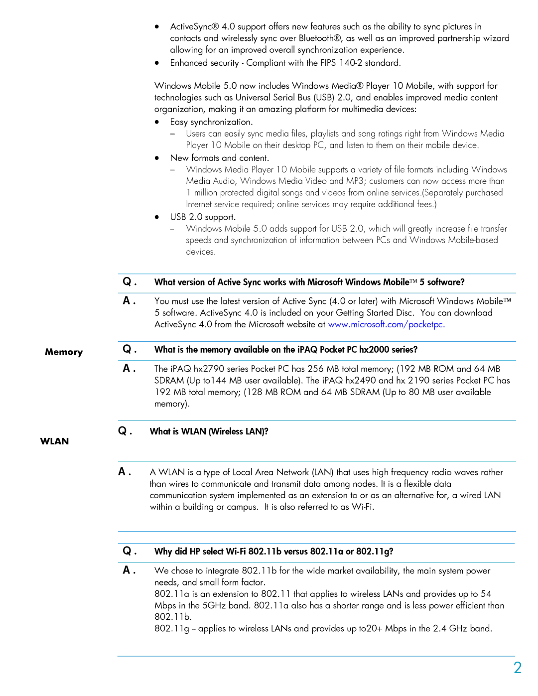 HP HX2000 manual Memory, Wlan 