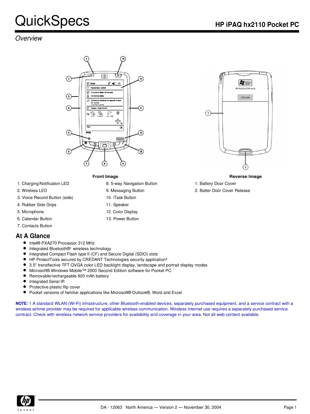 HP hx2110 manual Overview, At a Glance, Front Image Reverse Image 