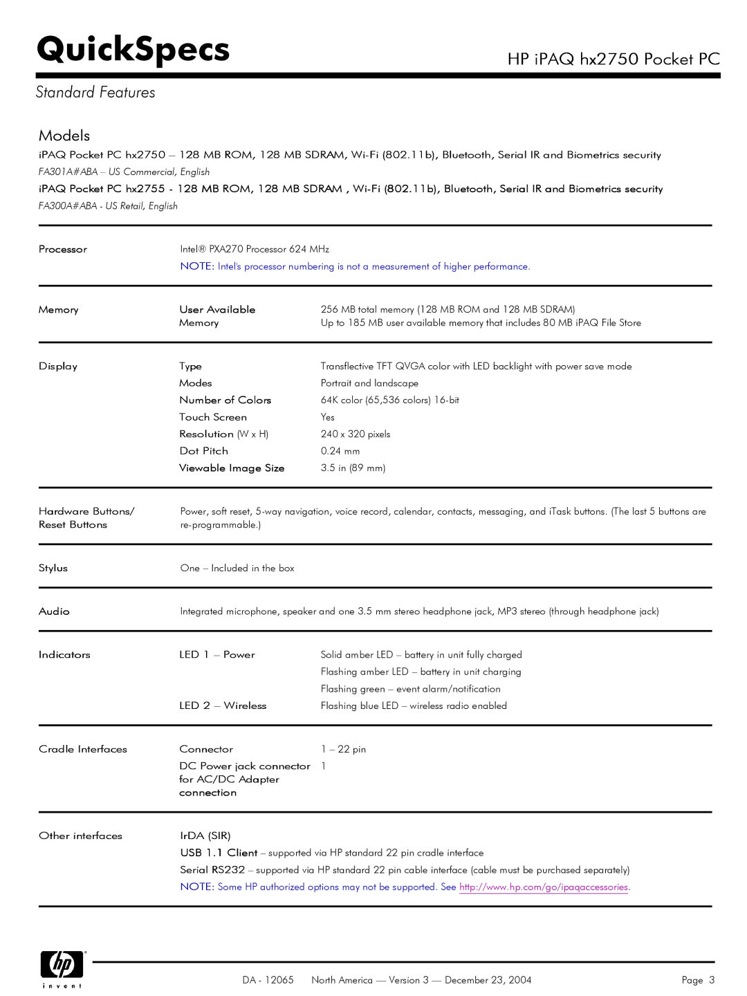 HP HX2750 manual Standard Features, Models 