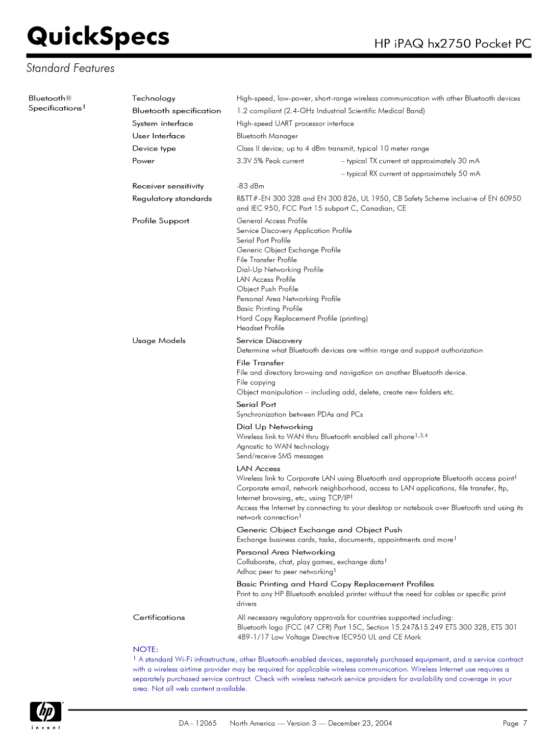 HP HX2750 Bluetooth Specifications1 Technology, Bluetooth specification, System interface, User Interface, Device type 