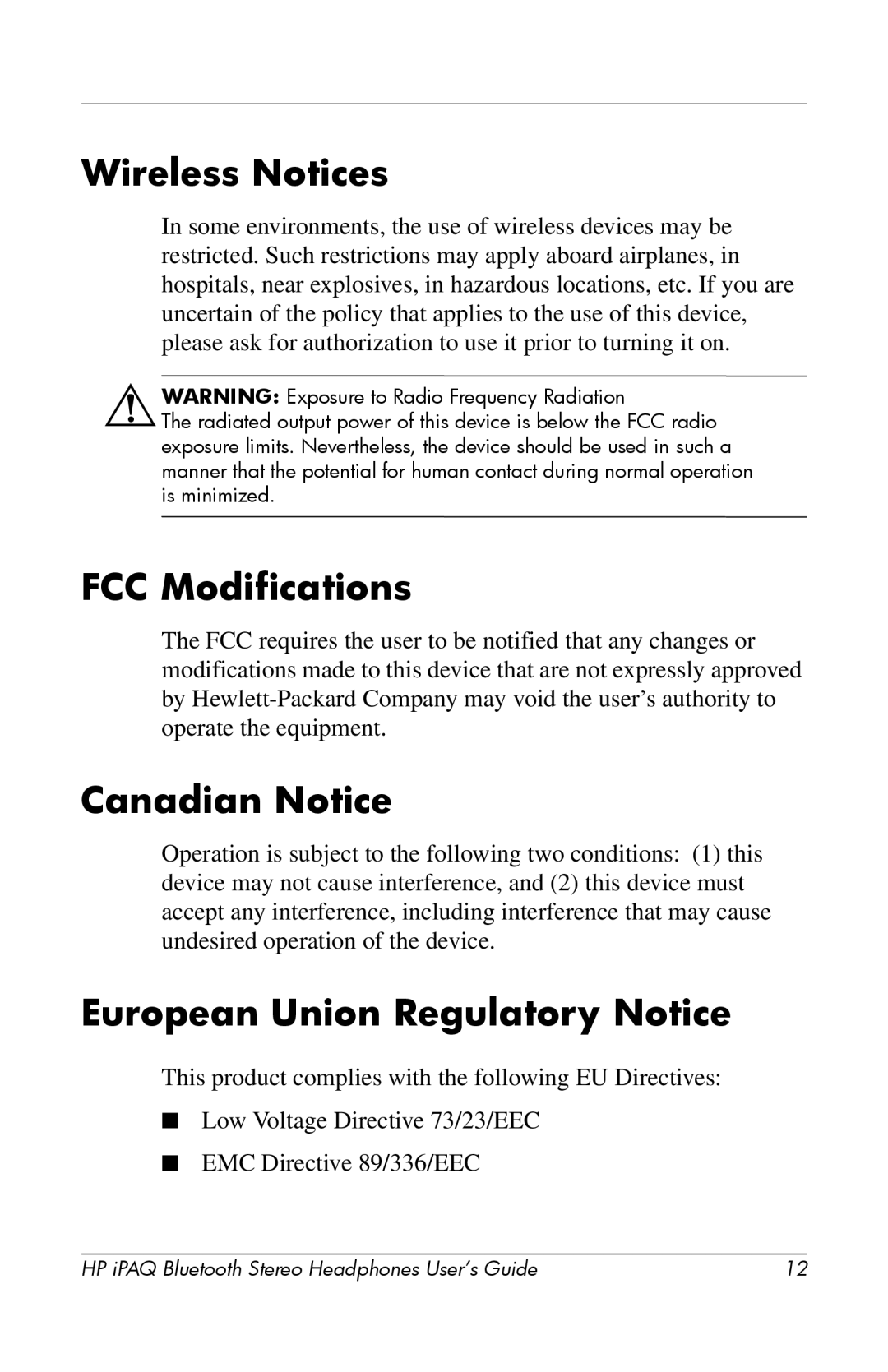 HP hx4700 manual Wireless Notices, FCC Modifications, Canadian Notice, European Union Regulatory Notice 