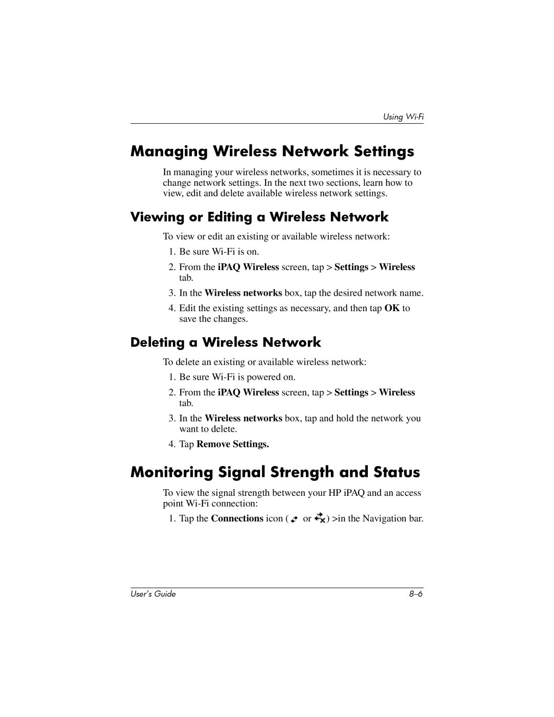 HP hx4700 Managing Wireless Network Settings, Monitoring Signal Strength and Status, Viewing or Editing a Wireless Network 