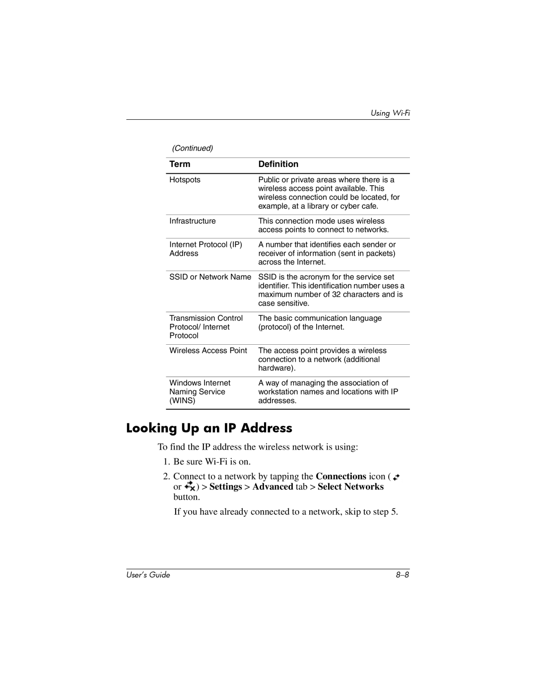HP hx4700 manual Looking Up an IP Address, Term Definition 