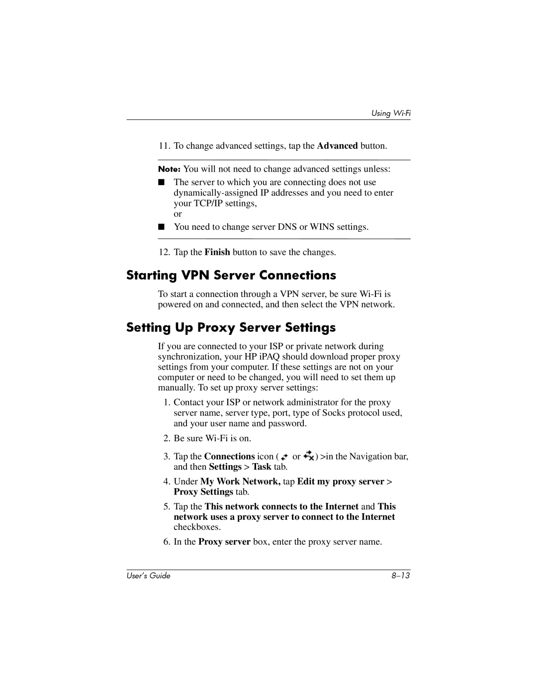 HP hx4700 manual Starting VPN Server Connections, Setting Up Proxy Server Settings 