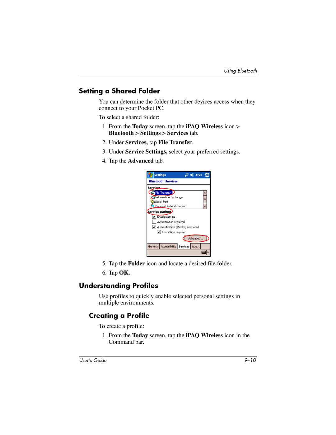 HP hx4700 manual Setting a Shared Folder, Understanding Profiles, Creating a Profile, Under Services, tap File Transfer 