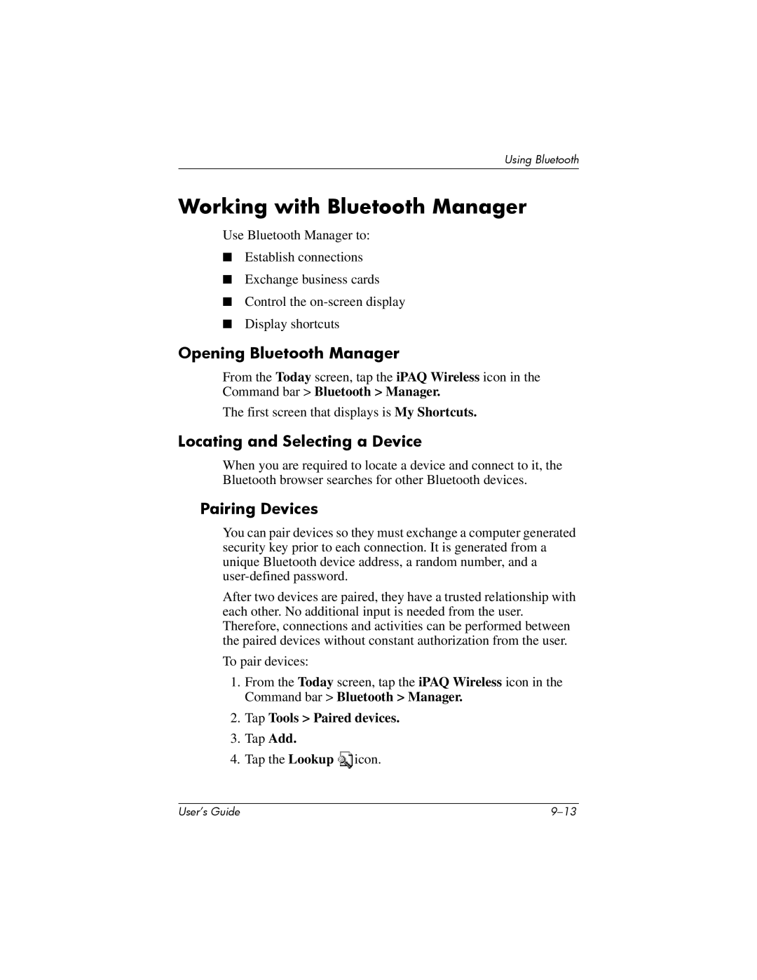 HP hx4700 Working with Bluetooth Manager, Opening Bluetooth Manager, Locating and Selecting a Device, Pairing Devices 