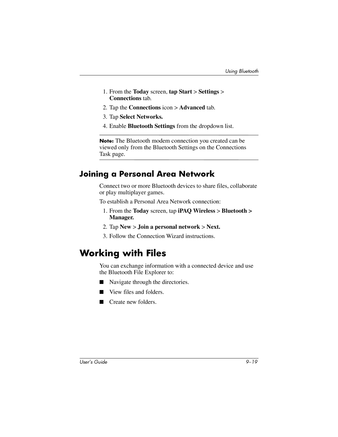 HP hx4700 manual Working with Files, Joining a Personal Area Network 