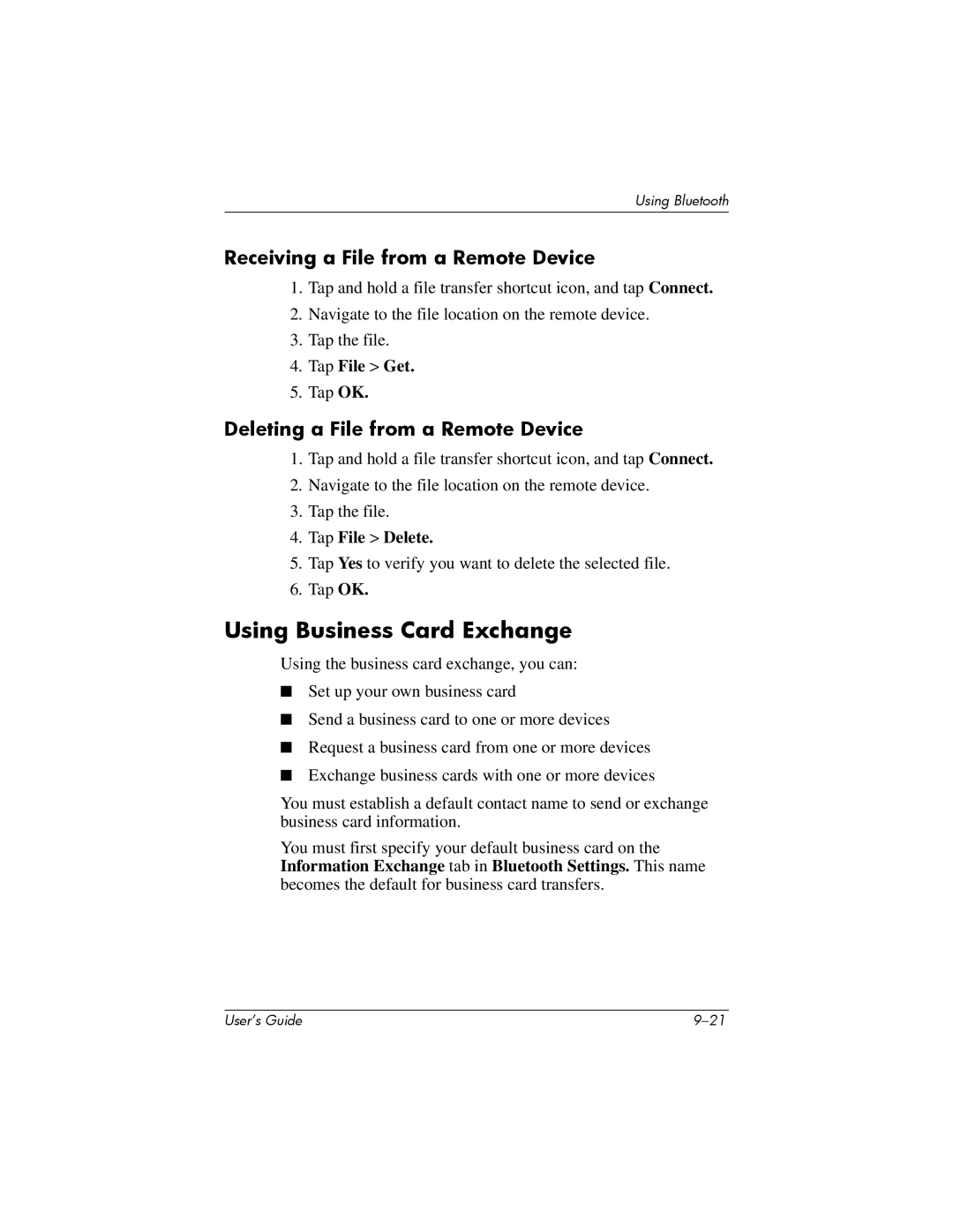 HP hx4700 manual Using Business Card Exchange, Receiving a File from a Remote Device, Deleting a File from a Remote Device 