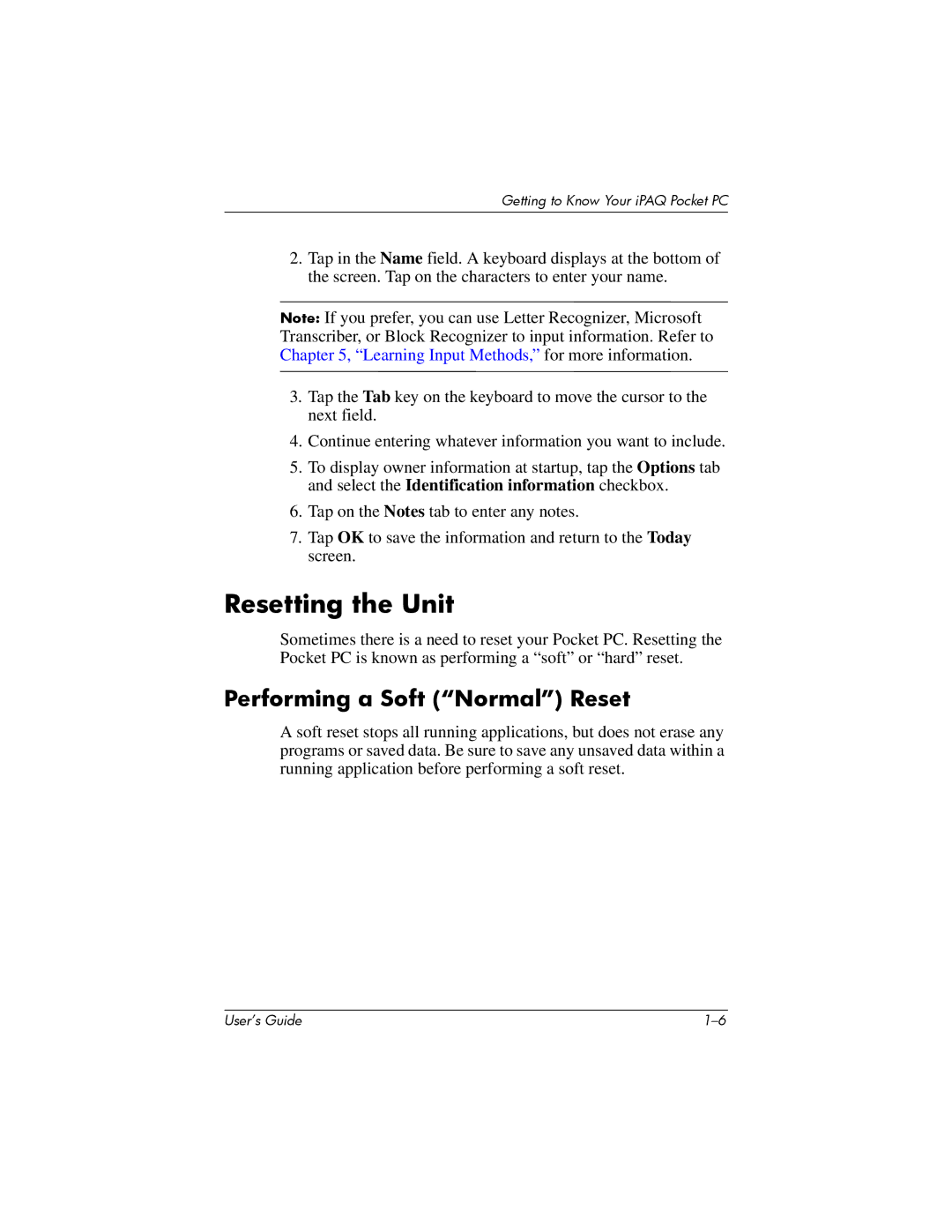 HP hx4700 manual Resetting the Unit, Performing a Soft Normal Reset 