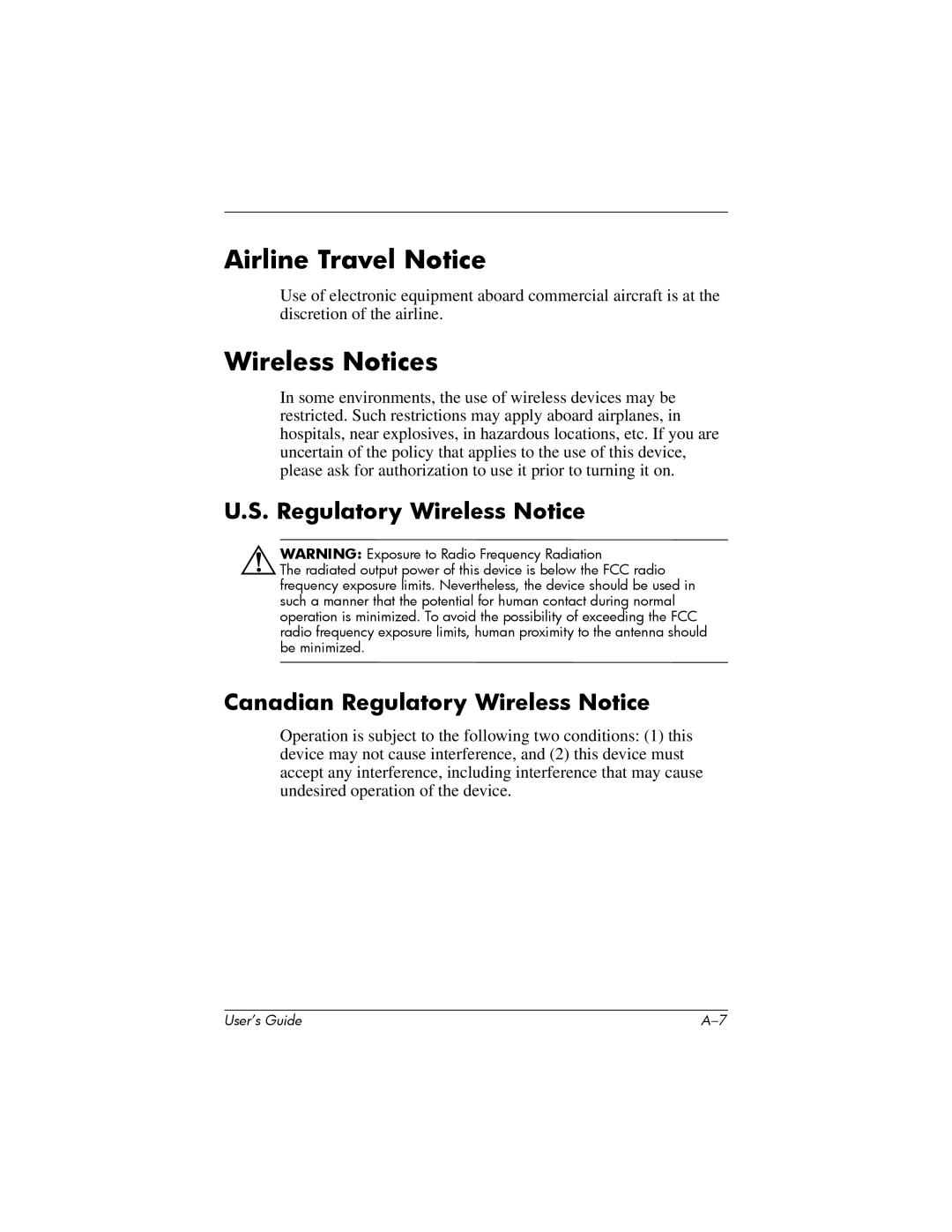 HP hx4700 manual Airline Travel Notice, Wireless Notices, Canadian Regulatory Wireless Notice 