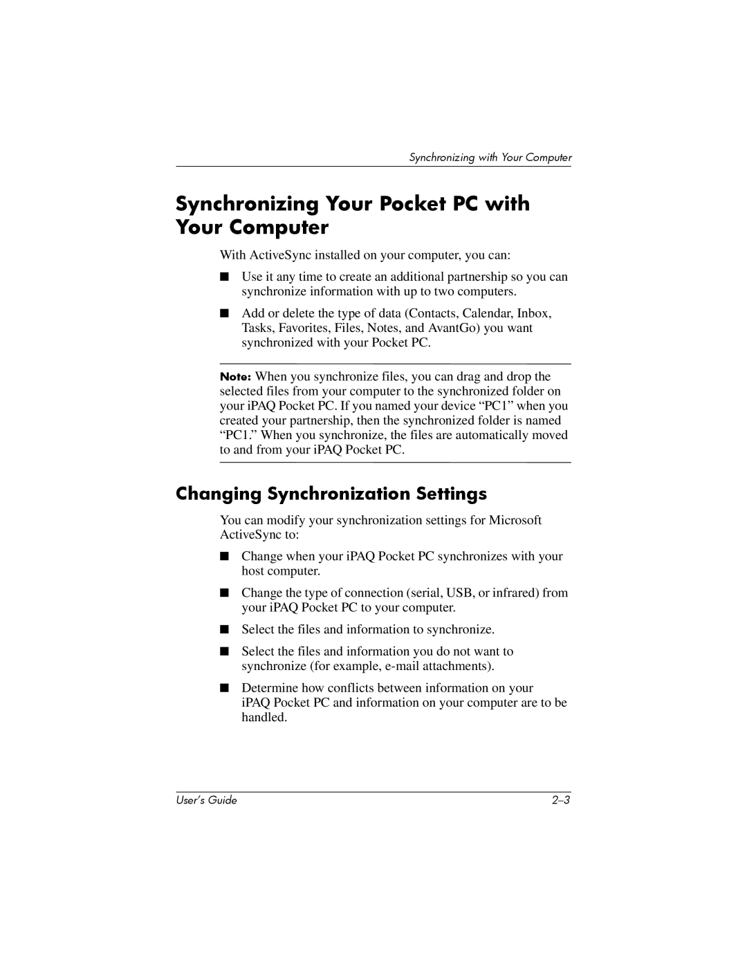 HP hx4700 manual Synchronizing Your Pocket PC with Your Computer, Changing Synchronization Settings 