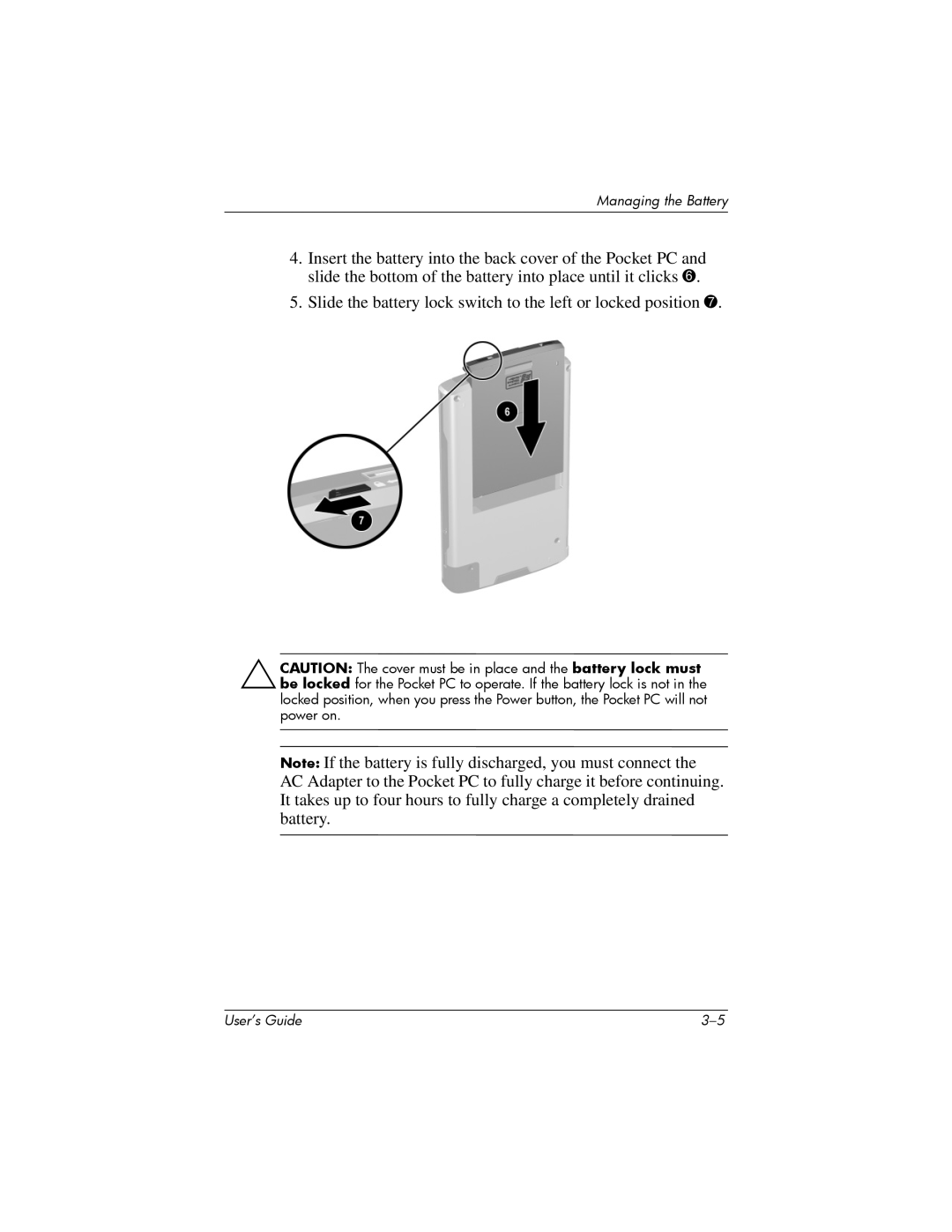 HP hx4700 manual Slide the battery lock switch to the left or locked position 