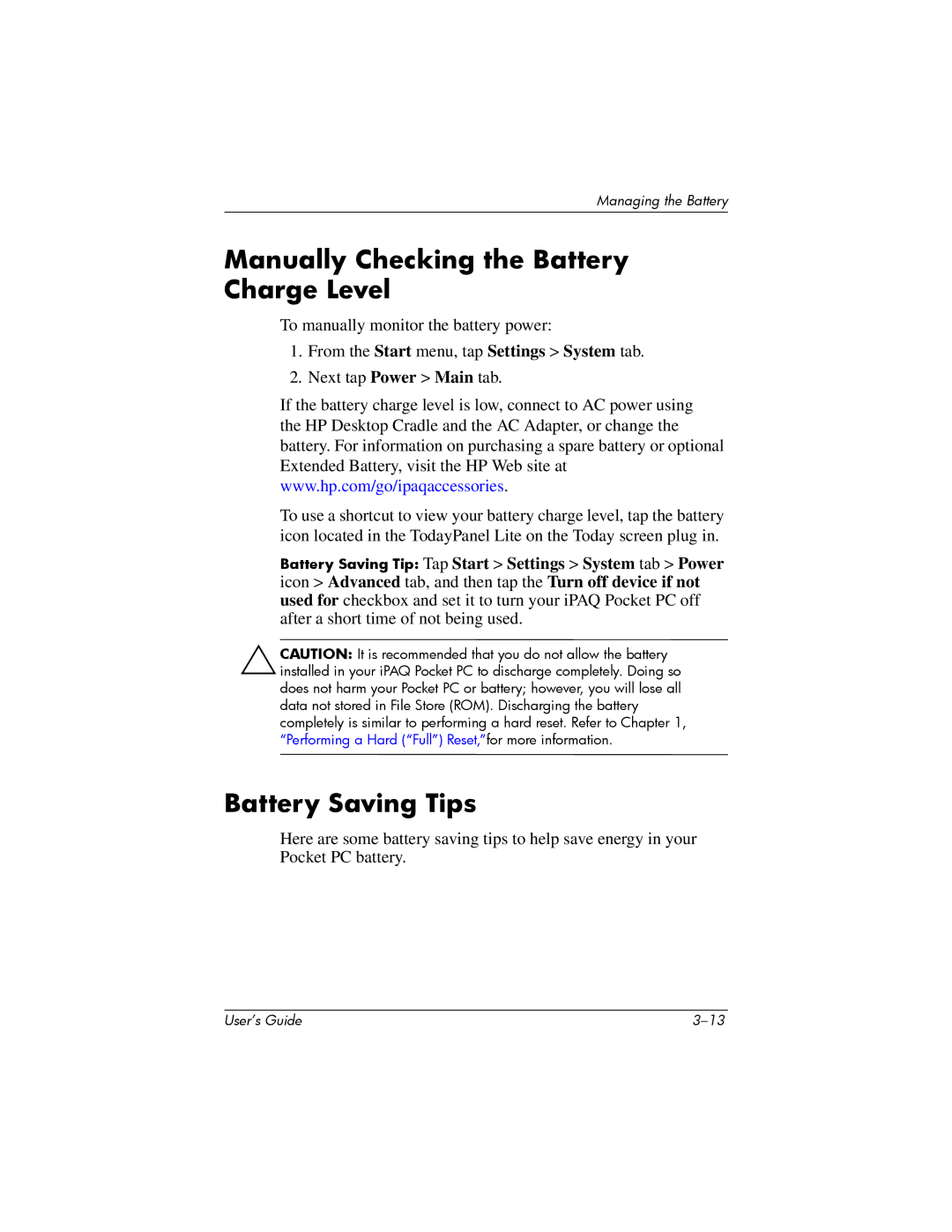 HP hx4700 manual Manually Checking the Battery Charge Level, Battery Saving Tips 