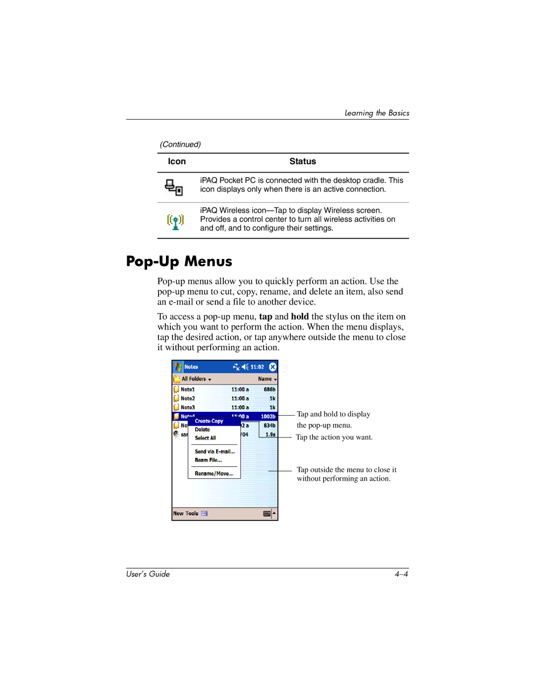 HP hx4700 manual Pop-Up Menus 