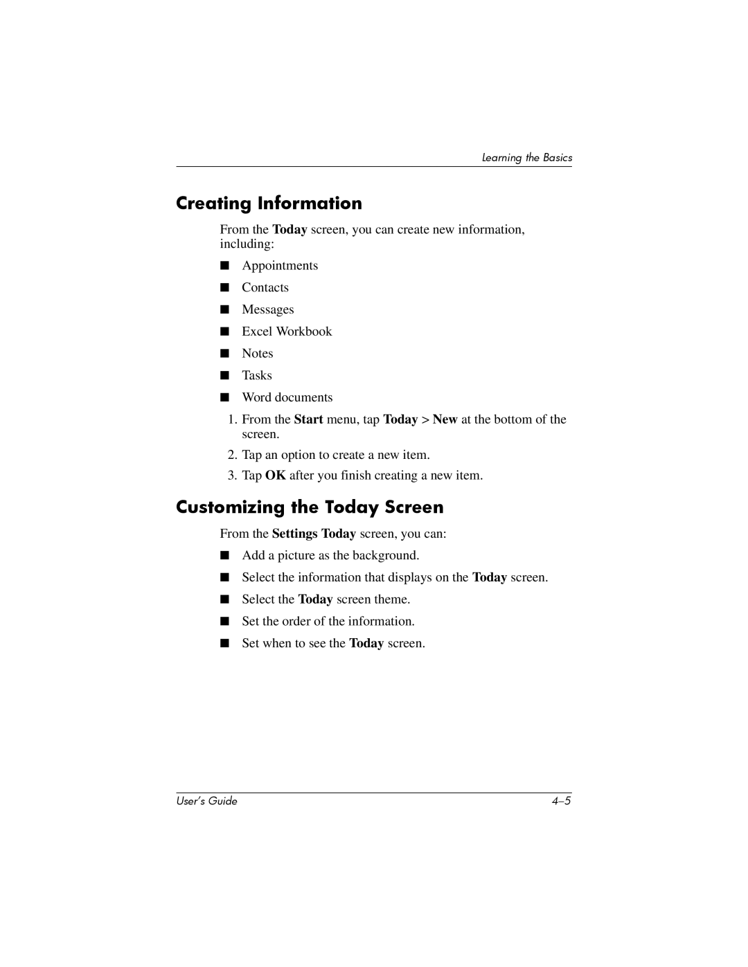HP hx4700 manual Creating Information, Customizing the Today Screen 