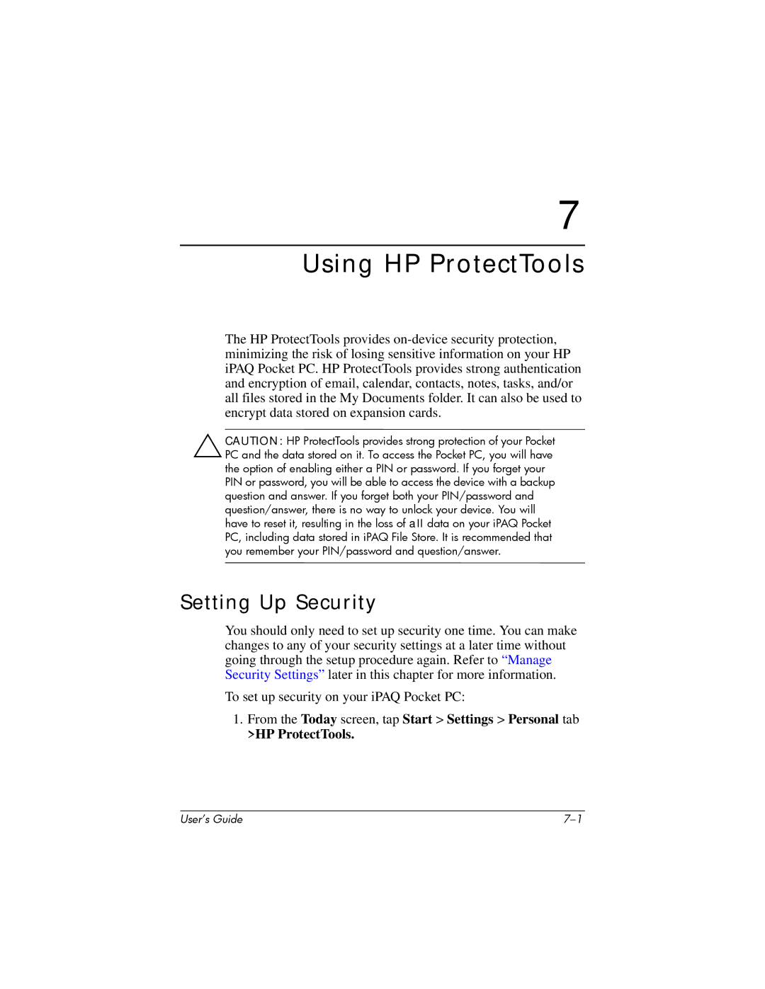 HP hx4700 manual Using HP ProtectTools, Setting Up Security 