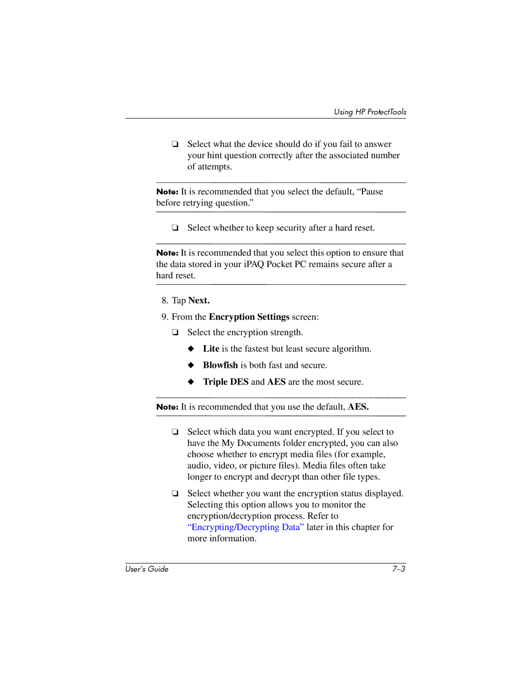 HP hx4700 manual Tap Next From the Encryption Settings screen 