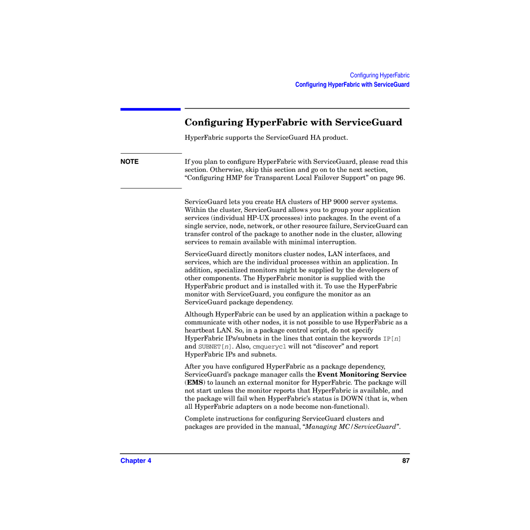 HP manual Conﬁguring HyperFabric with ServiceGuard 
