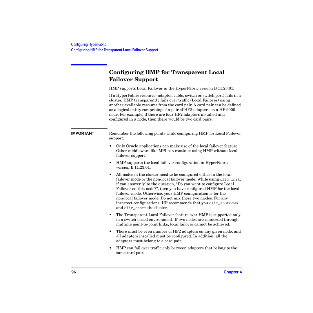 HP HyperFabric manual Conﬁguring HMP for Transparent Local, Failover Support 