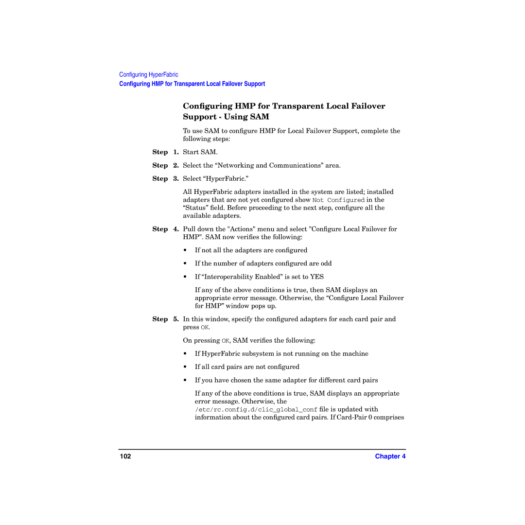 HP HyperFabric manual Conﬁguring HMP for Transparent Local Failover, Support Using SAM 