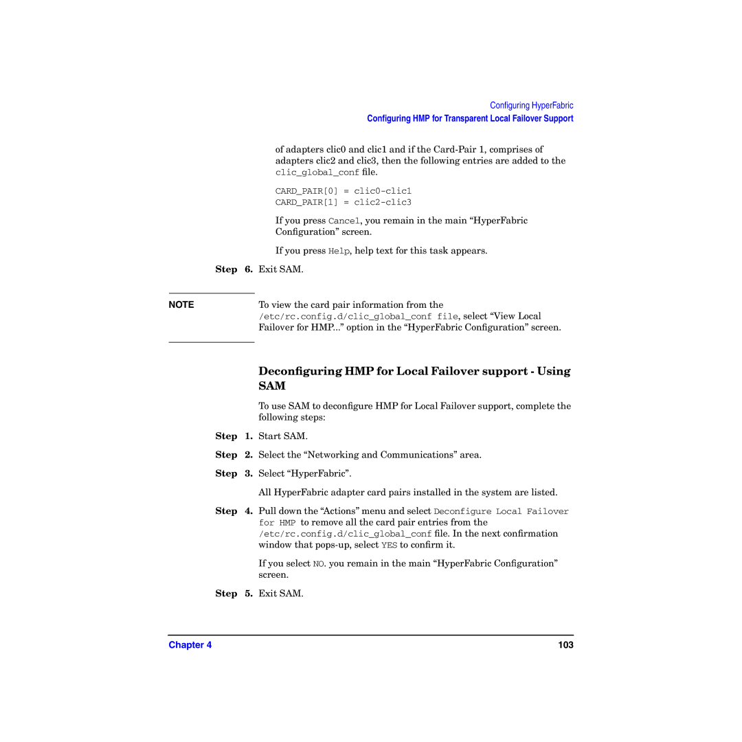 HP HyperFabric manual Deconﬁguring HMP for Local Failover support Using, Sam 
