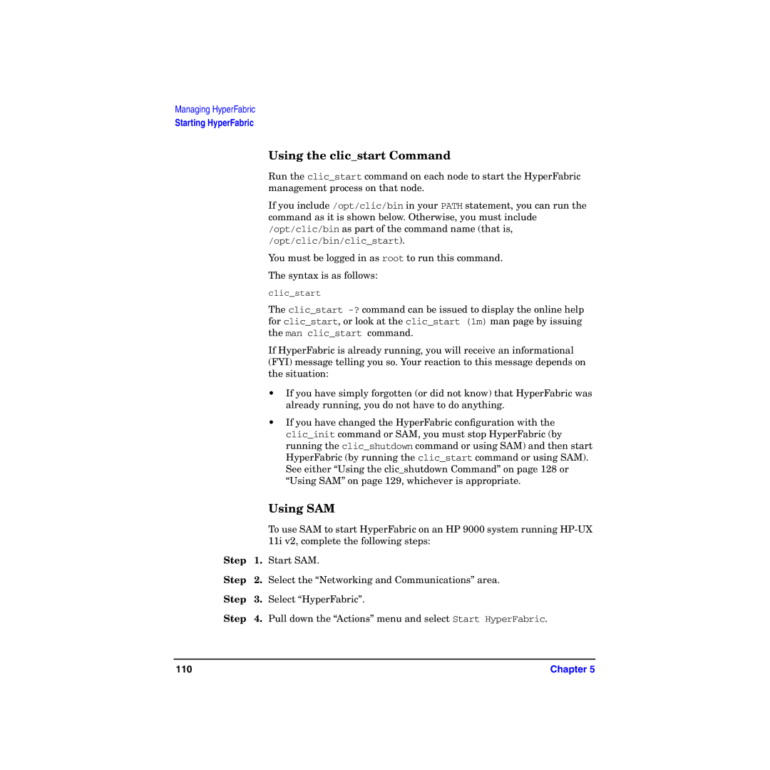 HP HyperFabric manual Using the clicstart Command, Using SAM 