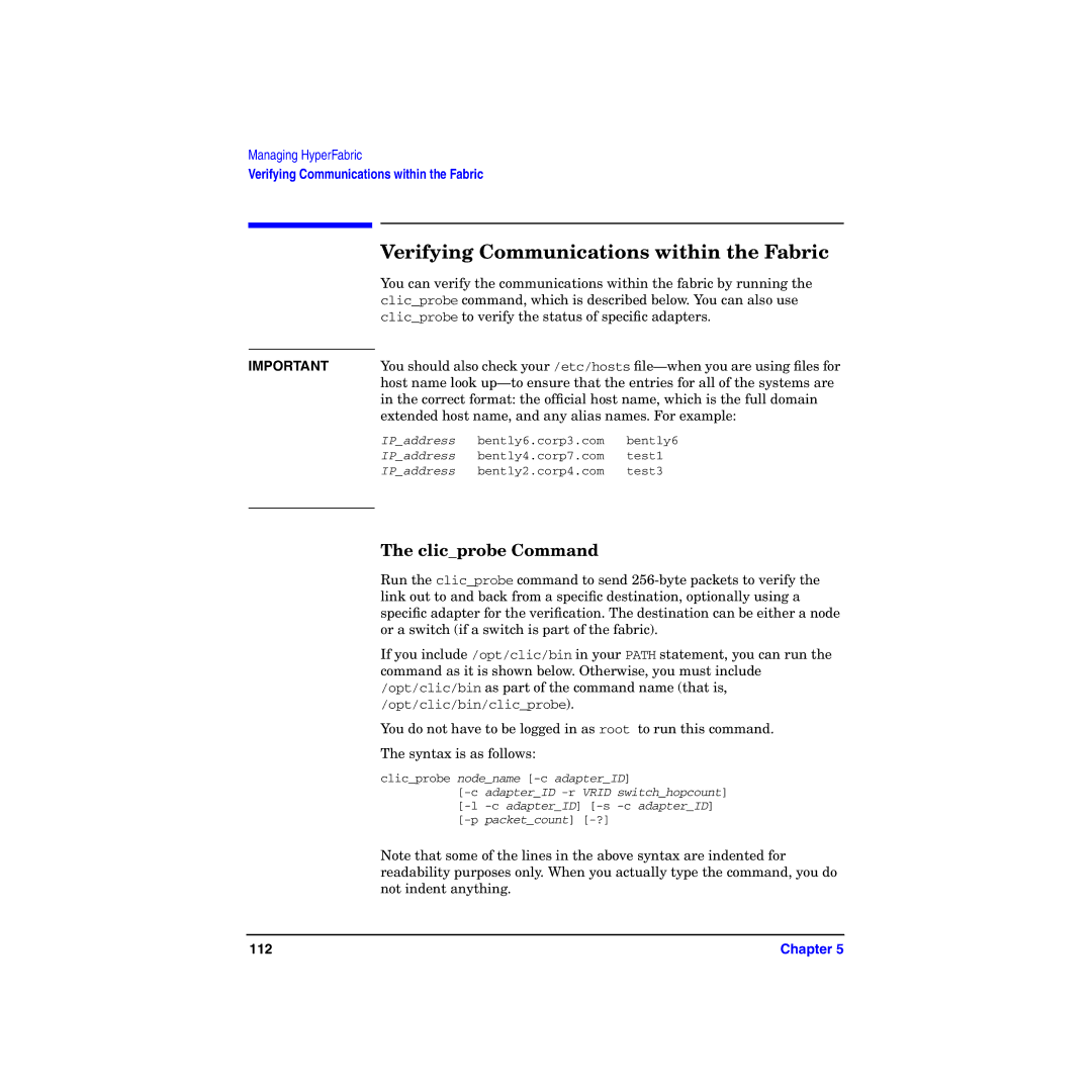 HP HyperFabric manual Verifying Communications within the Fabric, Clicprobe Command 