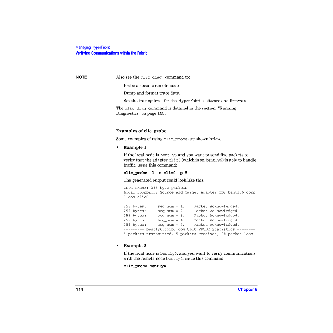 HP HyperFabric manual Examples of clicprobe, Clicprobe -l -c clic0 -p 