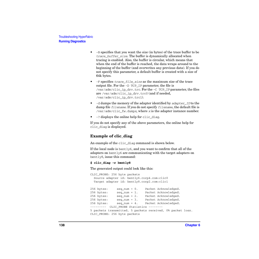 HP HyperFabric manual Example of clicdiag, $ clicdiag -r bently8 