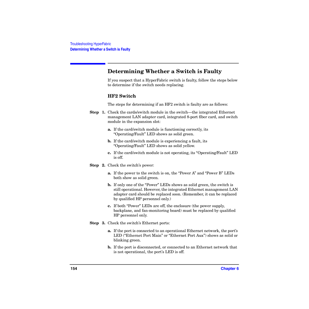 HP HyperFabric manual Determining Whether a Switch is Faulty, HF2 Switch 