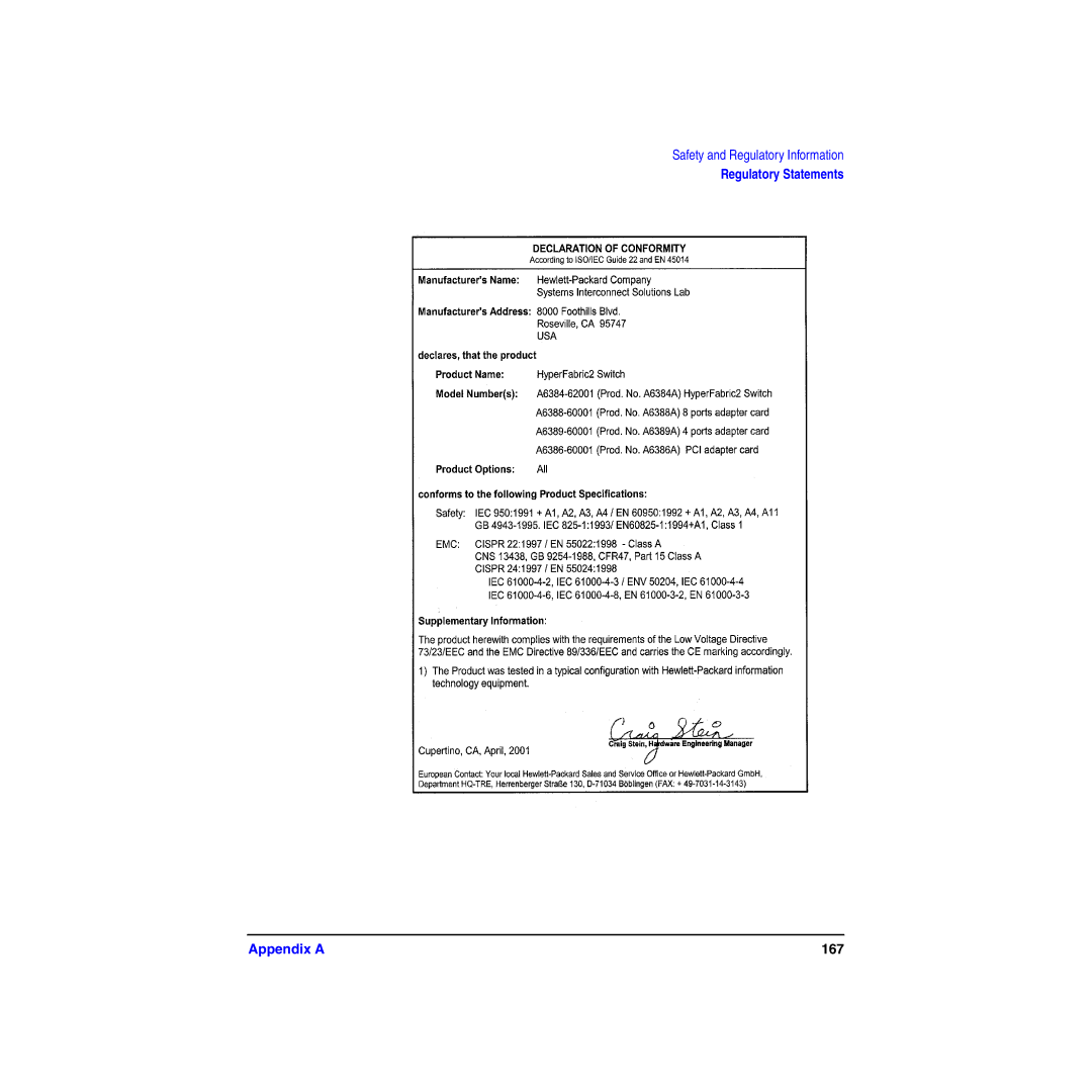 HP HyperFabric manual Regulatory Statements Appendix a 167 