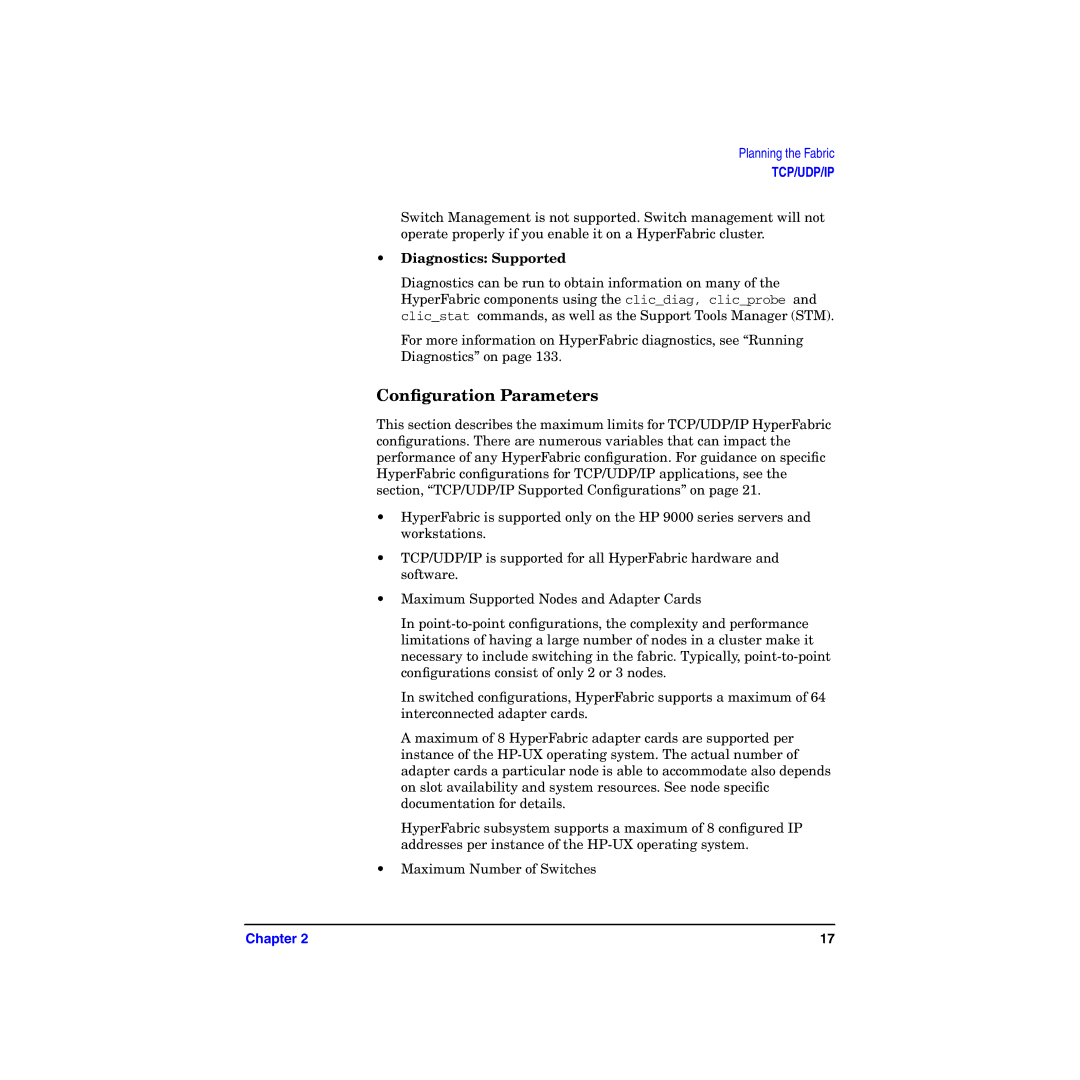 HP HyperFabric manual Conﬁguration Parameters, Diagnostics Supported 
