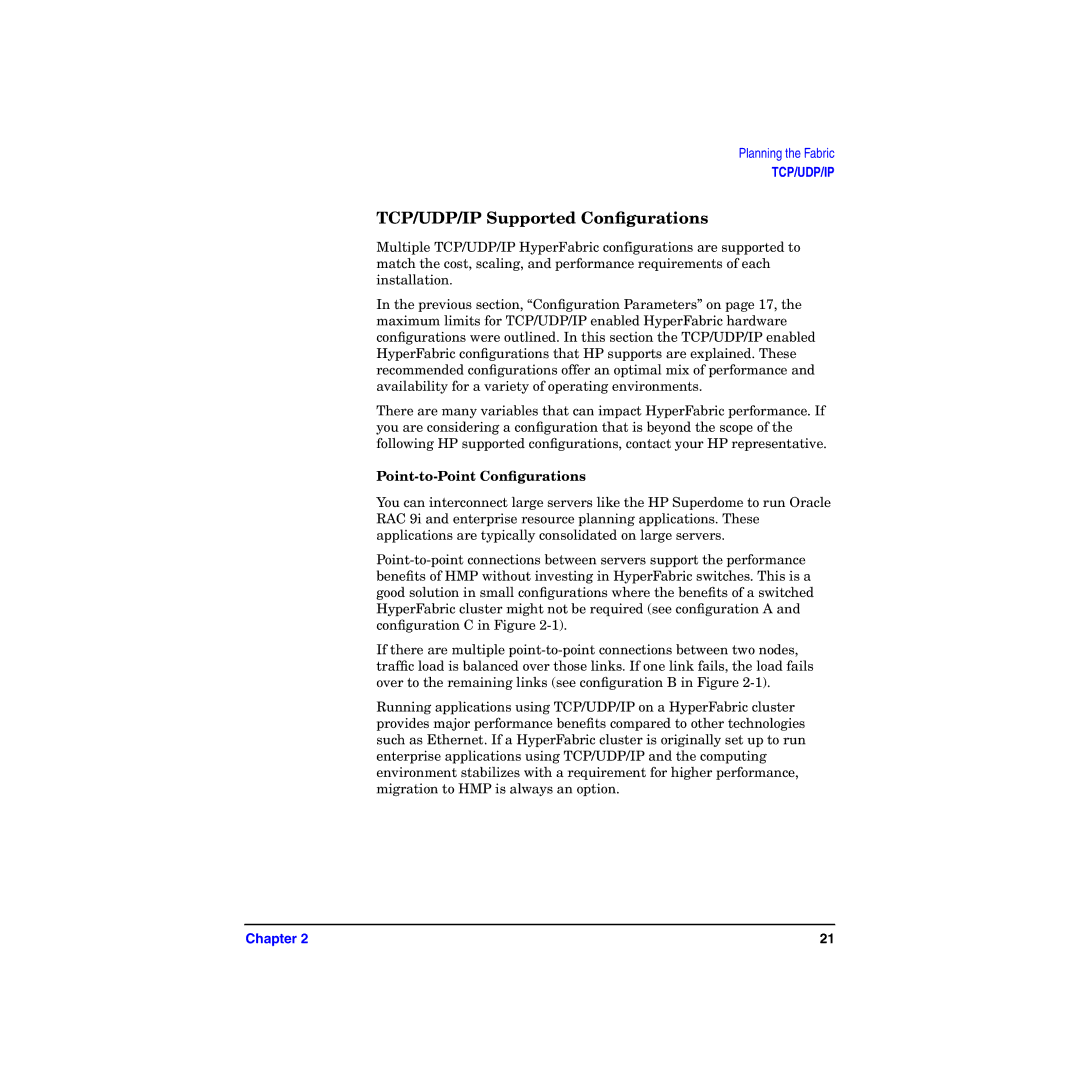 HP HyperFabric manual TCP/UDP/IP Supported Conﬁgurations, Point-to-Point Conﬁgurations 