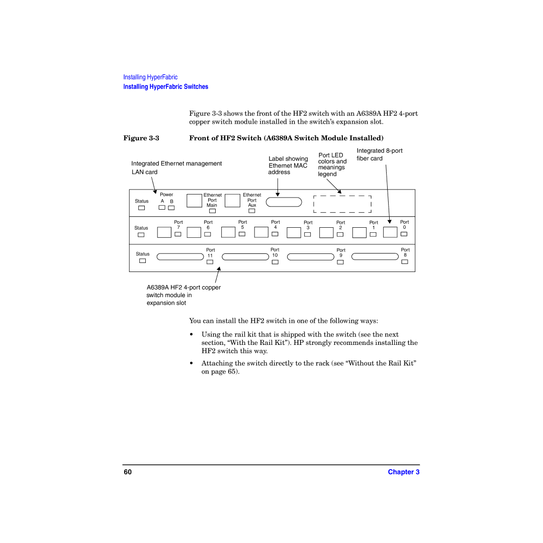 HP HyperFabric manual Front of HF2 Switch A6389A Switch Module Installed 