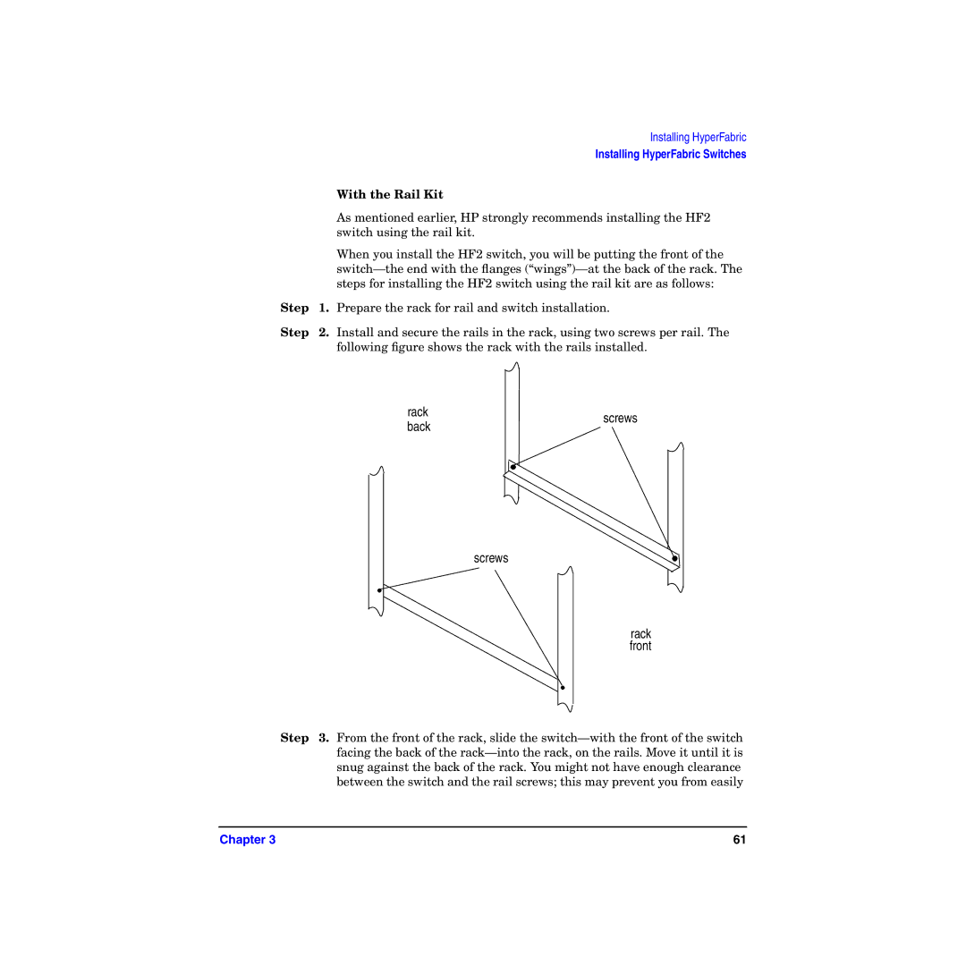 HP HyperFabric manual Screws Rack front, With the Rail Kit 
