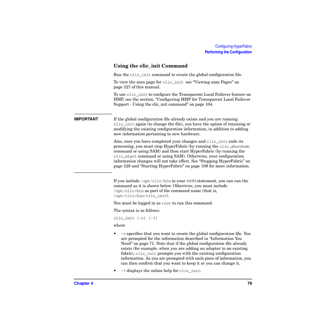 HP HyperFabric manual Using the clicinit Command 