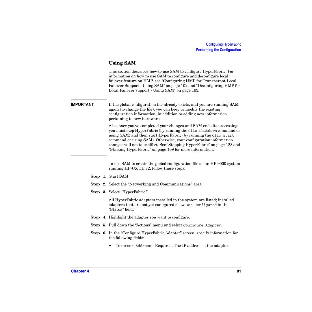 HP HyperFabric manual Using SAM, Step 