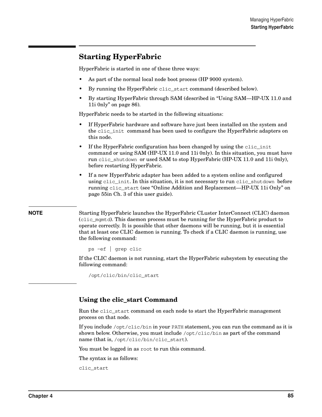 HP manual Starting HyperFabric, Using the clicstart Command 